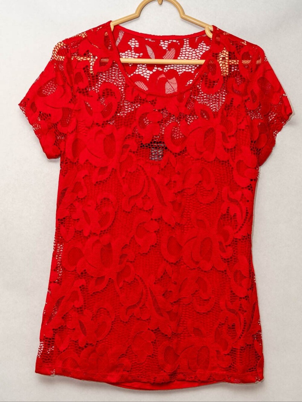 INC International Concepts Red Lace Short Sleeve Top W/built-in Cami Size Medium